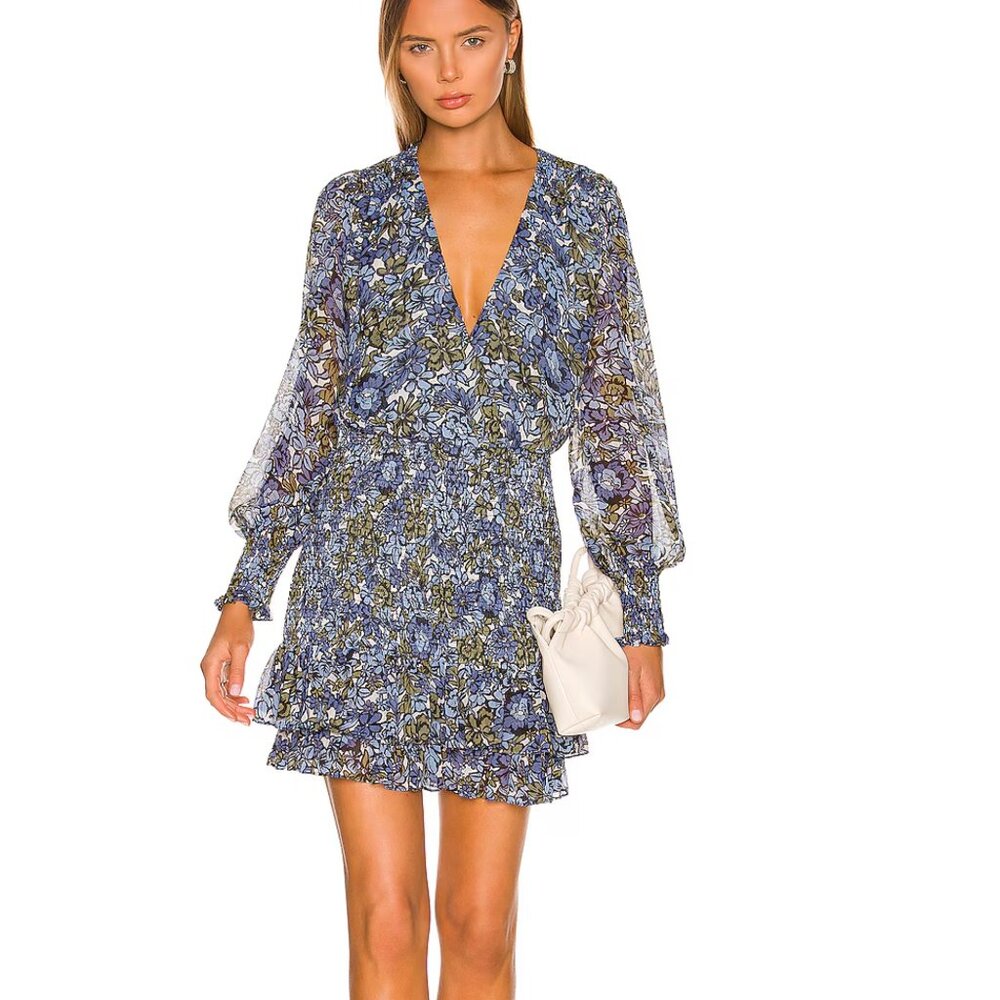 Veronica Beard Saera Blue Floral Smocked Chiffon Ruffled Smocked Mini Dress sz 4